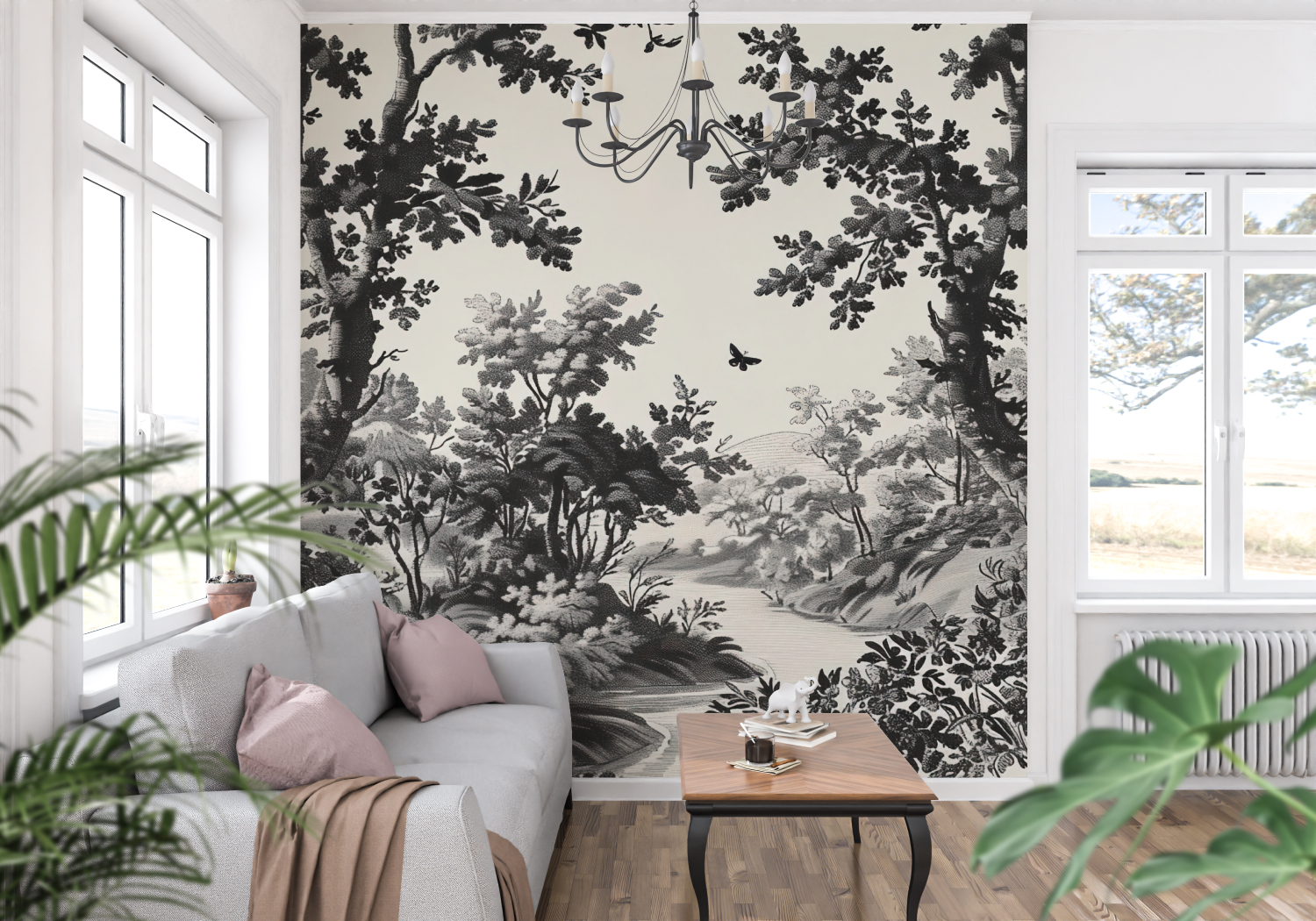 Toile de Jouy Black and White Landscape Wallpaper | Murals Wallpaper