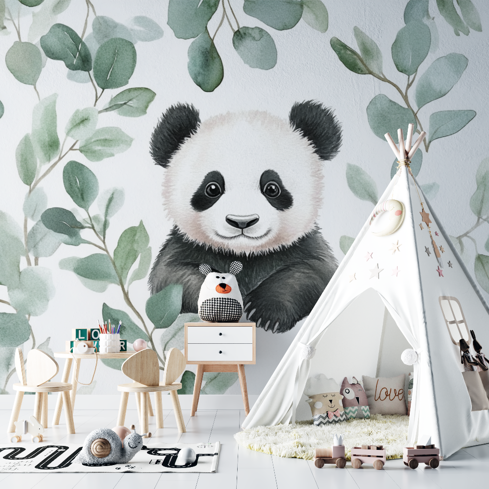 Panda and Eucalyptus Leaves Wallpaper | Murals Wallpaper