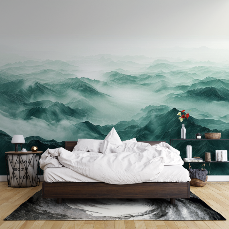 Bathroom Wallpaper Mountain Green Illustration | Murals Wallpaper