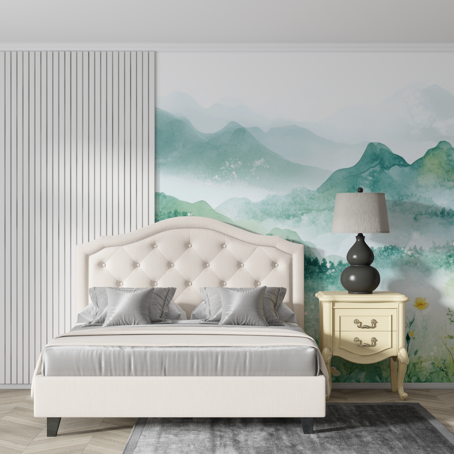 Watercolor Floral Landscape Wallpaper with Hills | Murals Wallpaper