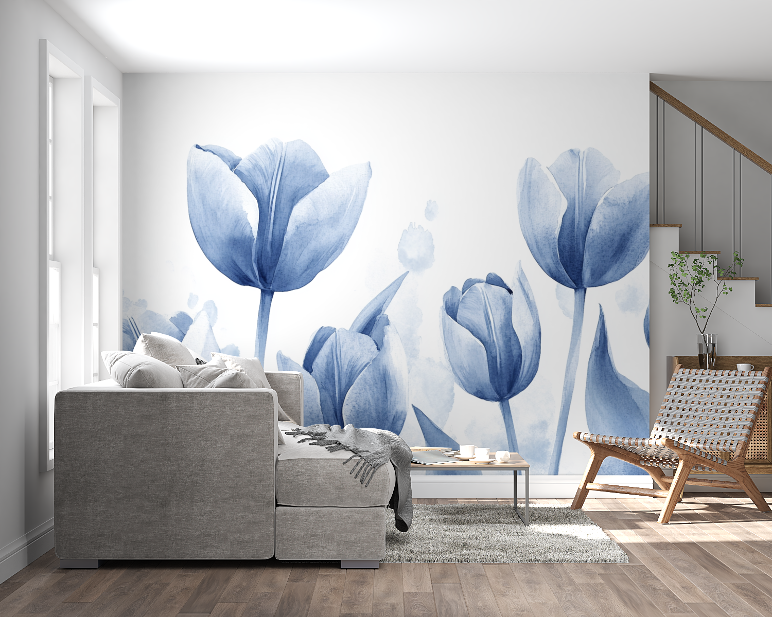 Watercolor Blue Tulips Wallpaper | Murals Wallpaper