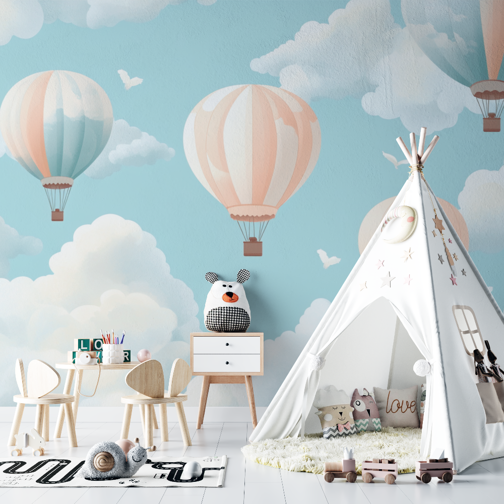 Hot Air Balloon and Butterfly-Shaped Clouds Wallpaper | Murals Wallpaper