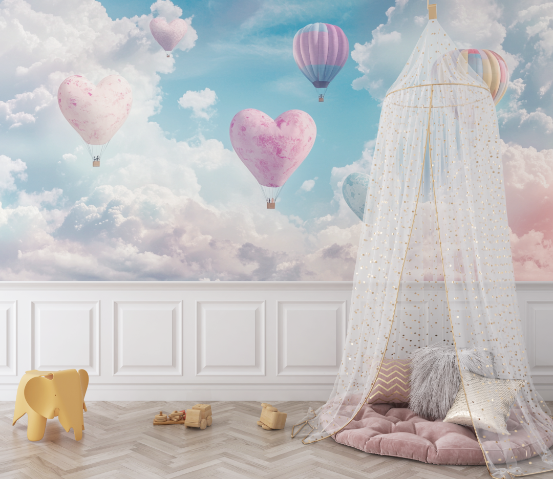 Hot Air Balloon and Heart-Shaped Clouds Wallpaper | Murals Wallpaper