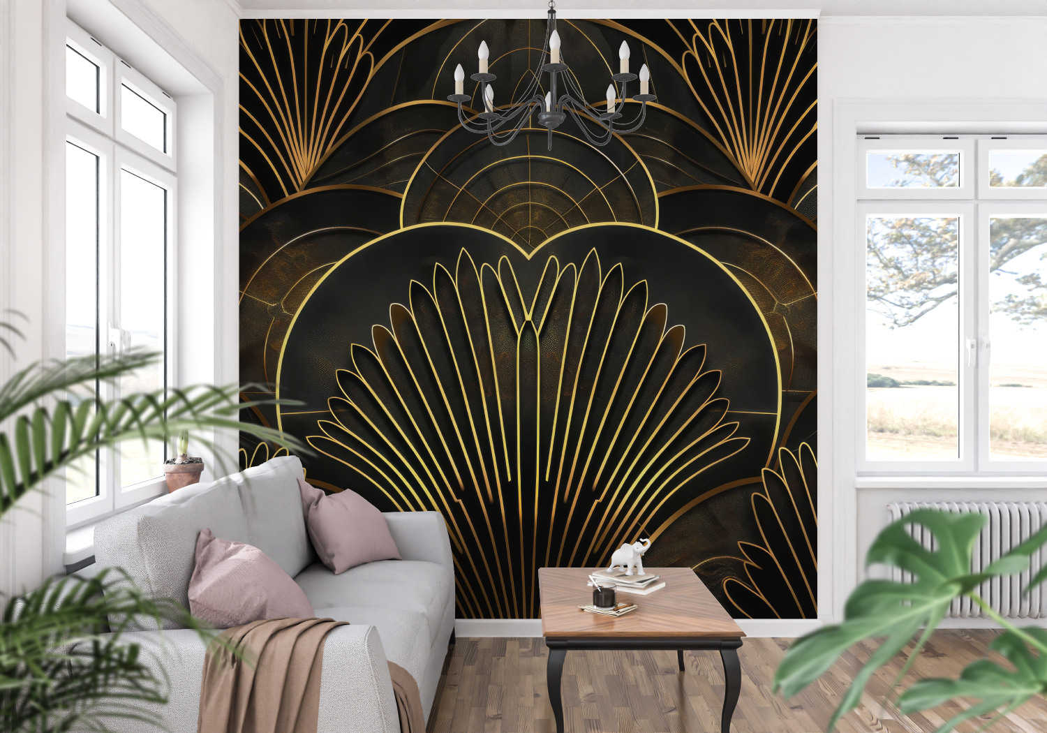 Art Deco Black and Gold Wallpaper for Living Room | Murals Wallpaper