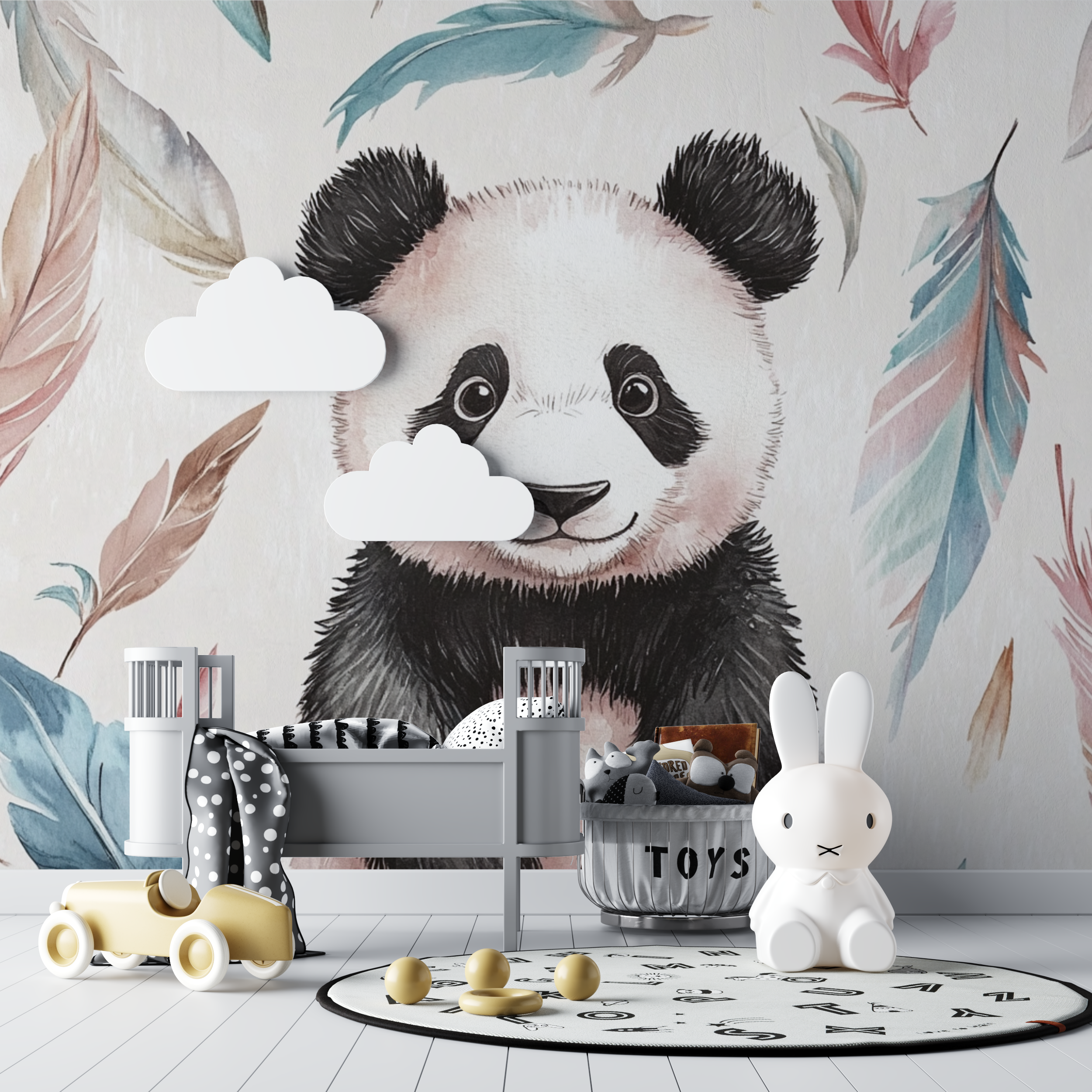 Bohemian Panda and Feather Wallpaper | Murals Wallpaper