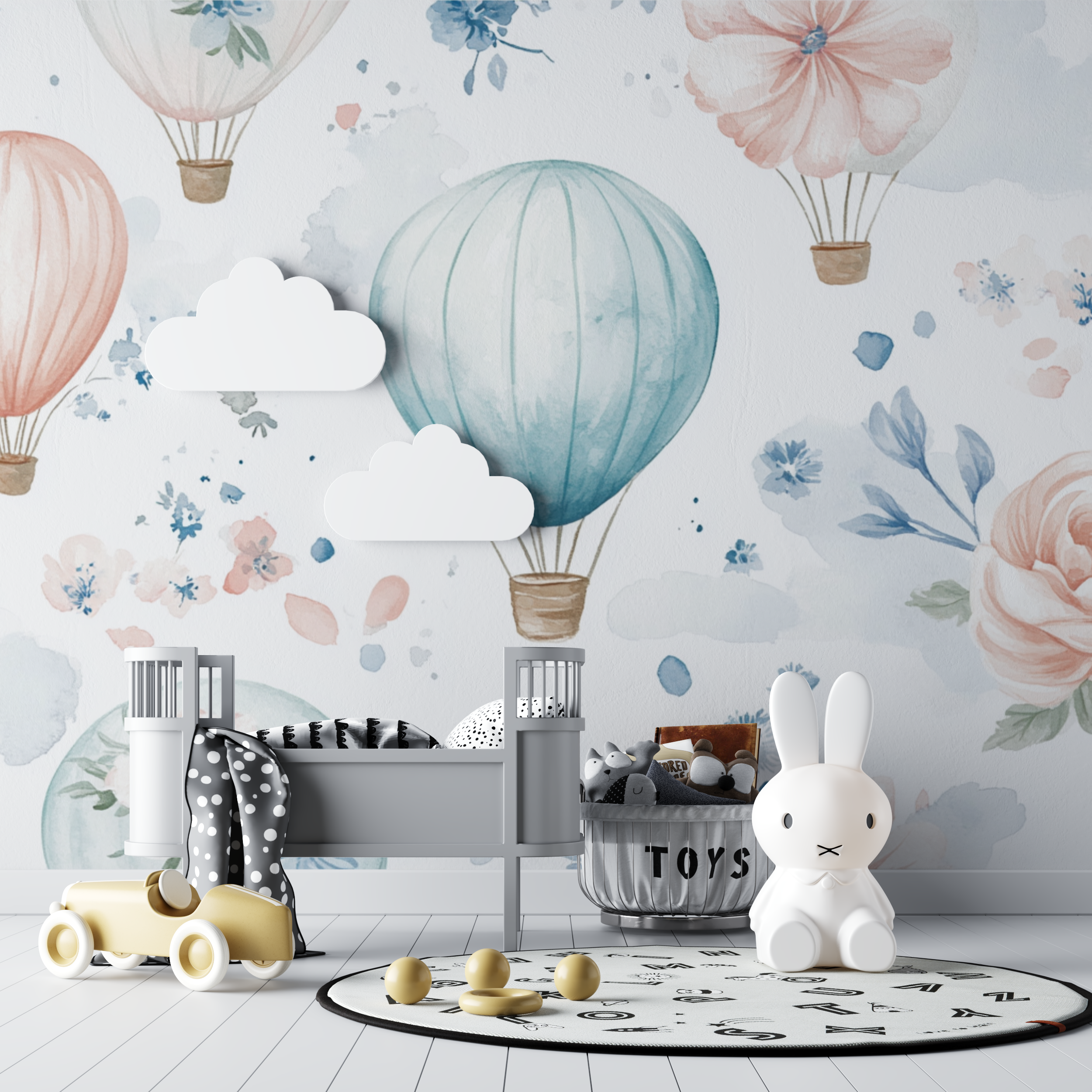 Hot Air Balloon and Delicate Flowers Wallpaper | Murals Wallpaper
