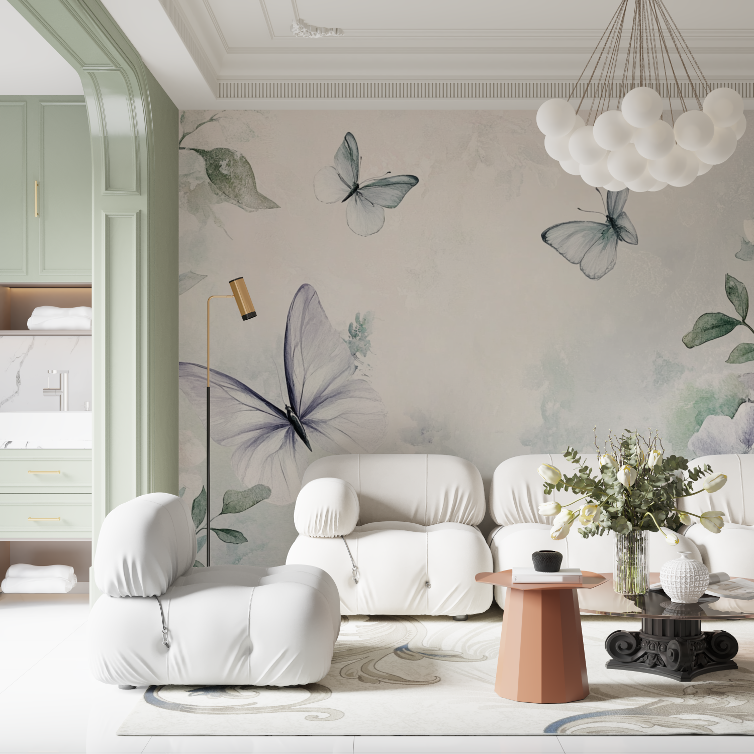 Watercolor Wallpaper with Herbs and Airborne Butterflies | Murals Wallpaper