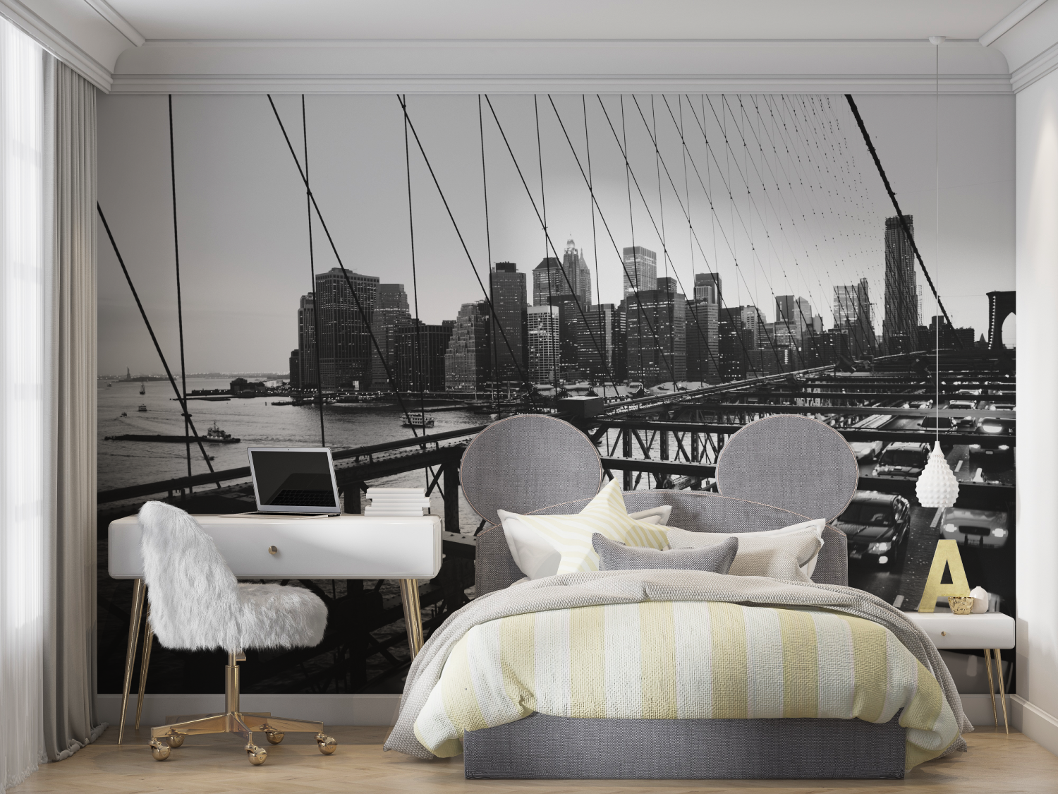 Black and White Wallpaper Brooklyn Bridge Cars | Murals Wallpaper
