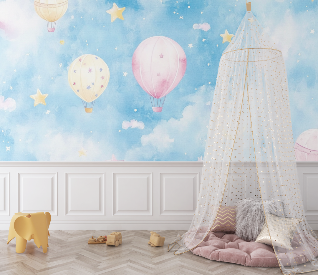 Colorful Hot Air Balloon and Stars Wallpaper | Murals Wallpaper