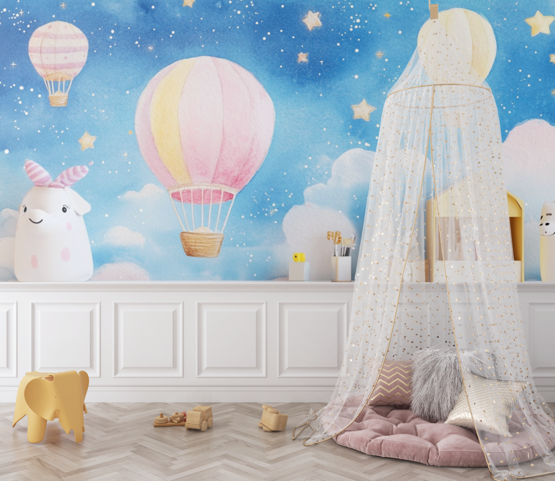 Hot Air Balloon and Twinkling Stars Wallpaper | Murals Wallpaper