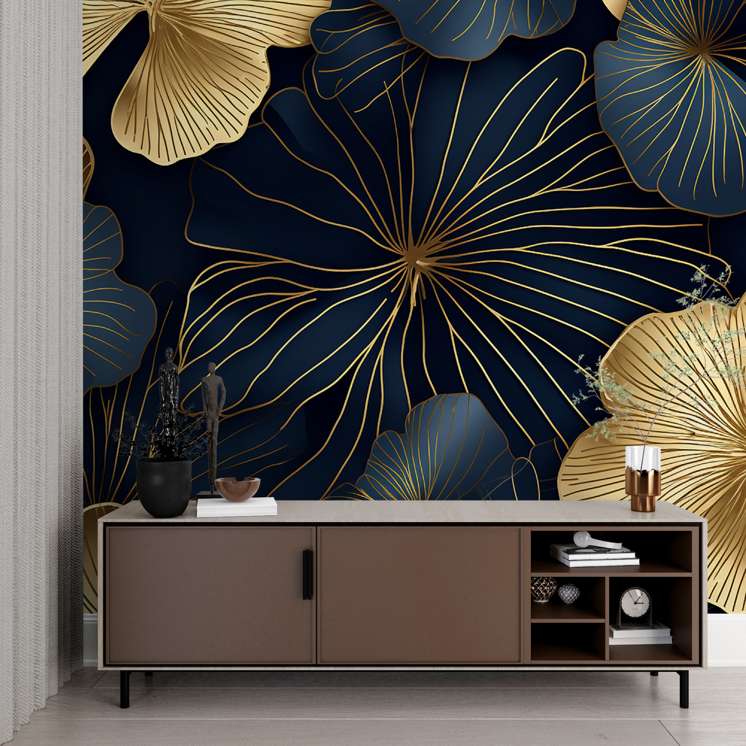 Art Deco Blue Wallpaper with Large Gold Flowers | Murals Wallpaper