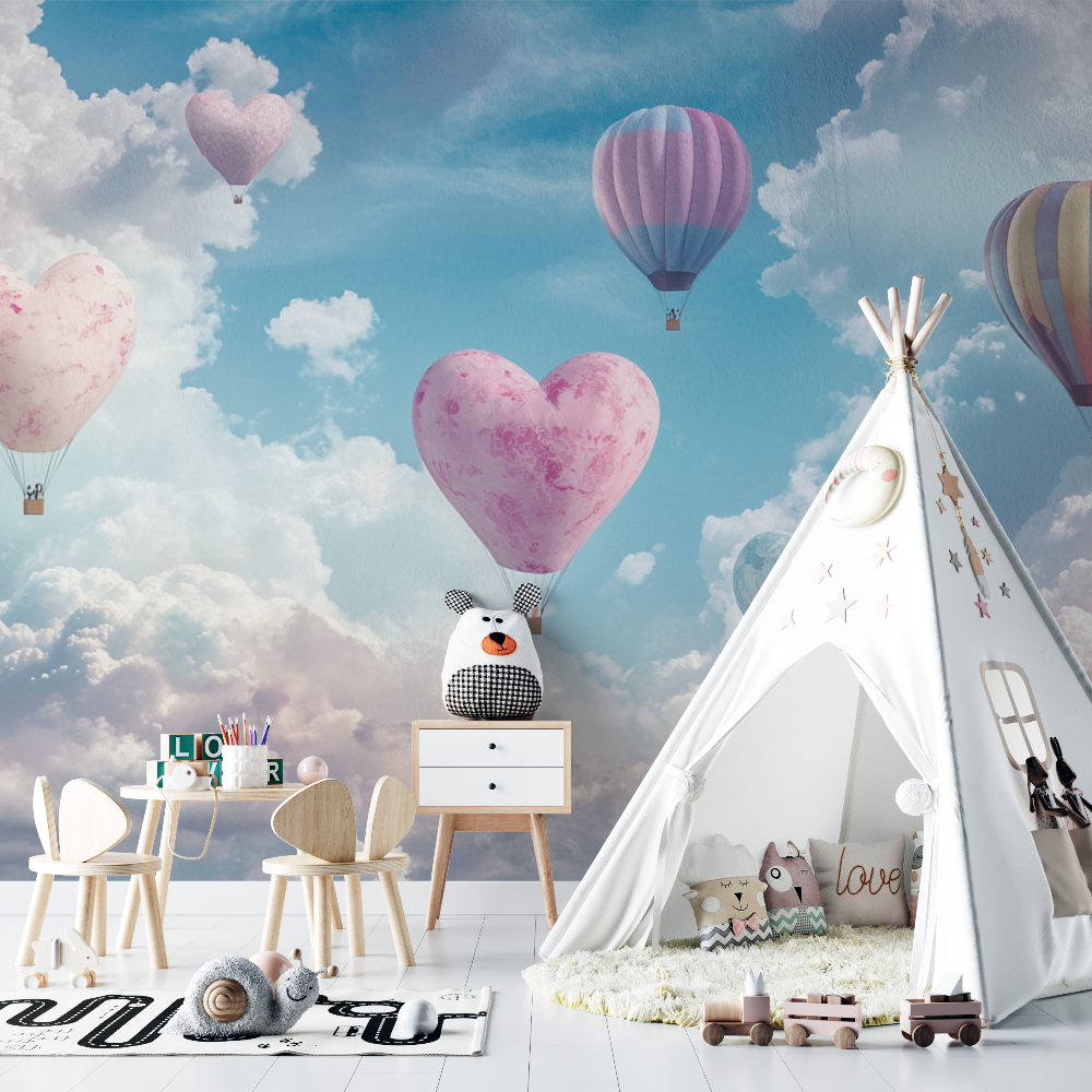 Hot Air Balloon and Heart-Shaped Clouds Wallpaper | Murals Wallpaper