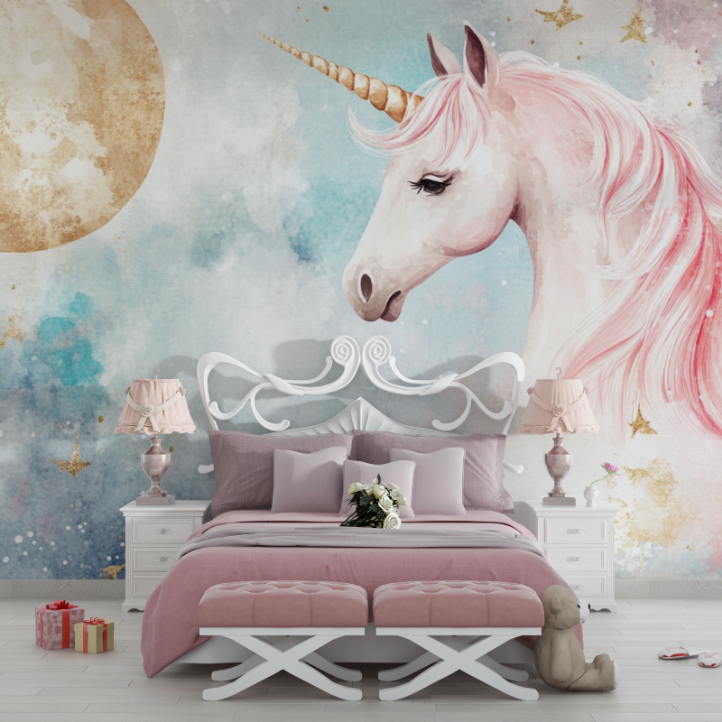 Unicorn Headboard Wallpaper with Large Moon and Banner | Murals Wallpaper