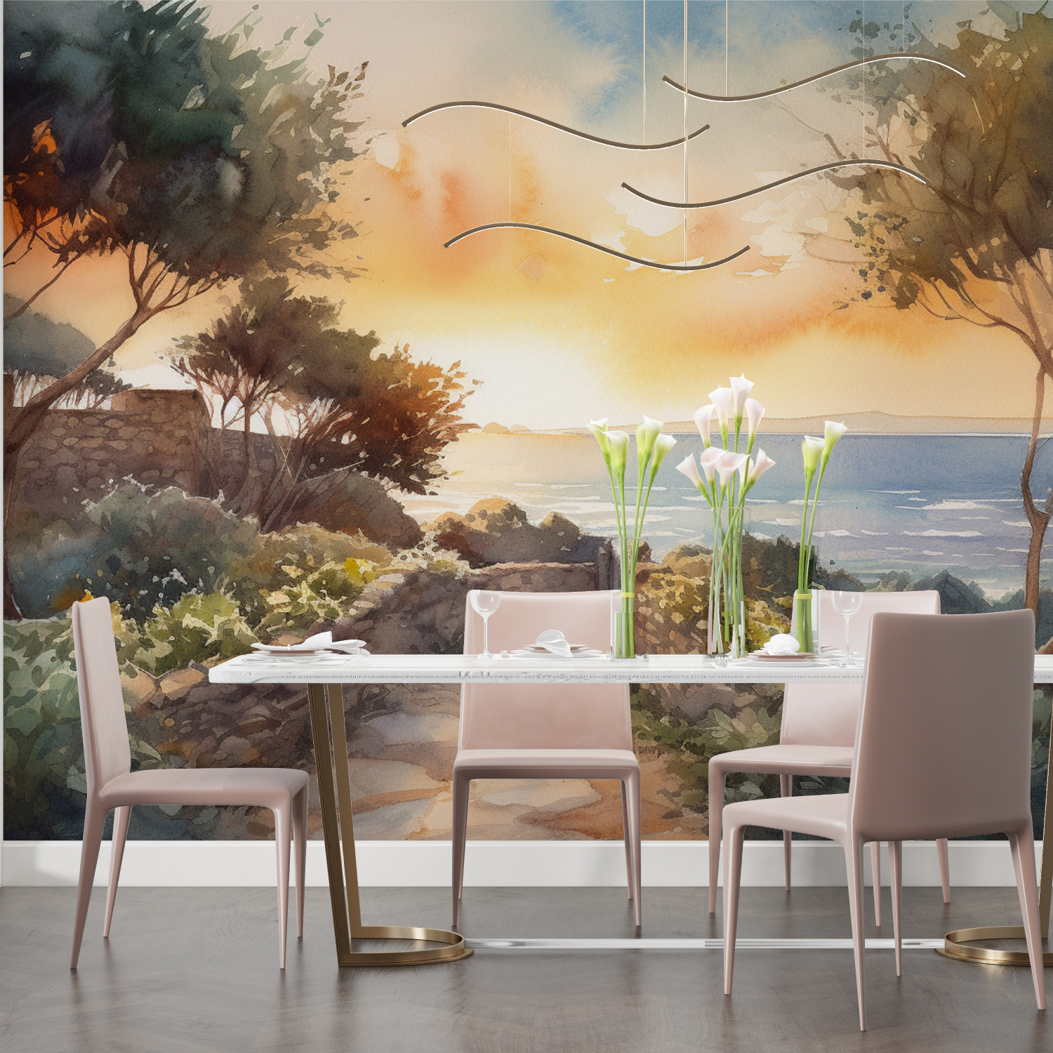 Watercolor Wallpaper Mediterranean Landscape Sunset | Murals Wallpaper