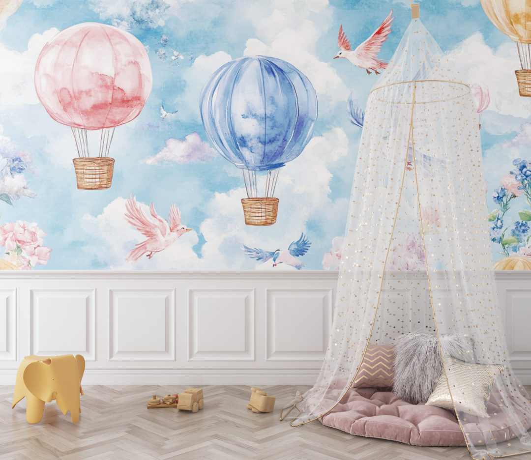 Hot Air Balloon and Flying Animals Wallpaper | Murals Wallpaper
