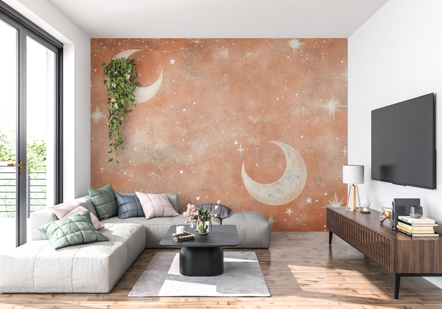 Terracotta Wallpaper with Moon and Star Patterns | Murals Wallpaper