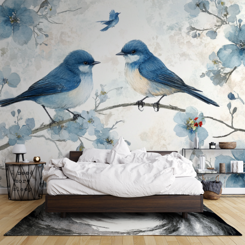 Watercolor Wallpaper with Songbirds on Flowering Branch | Murals Wallpaper