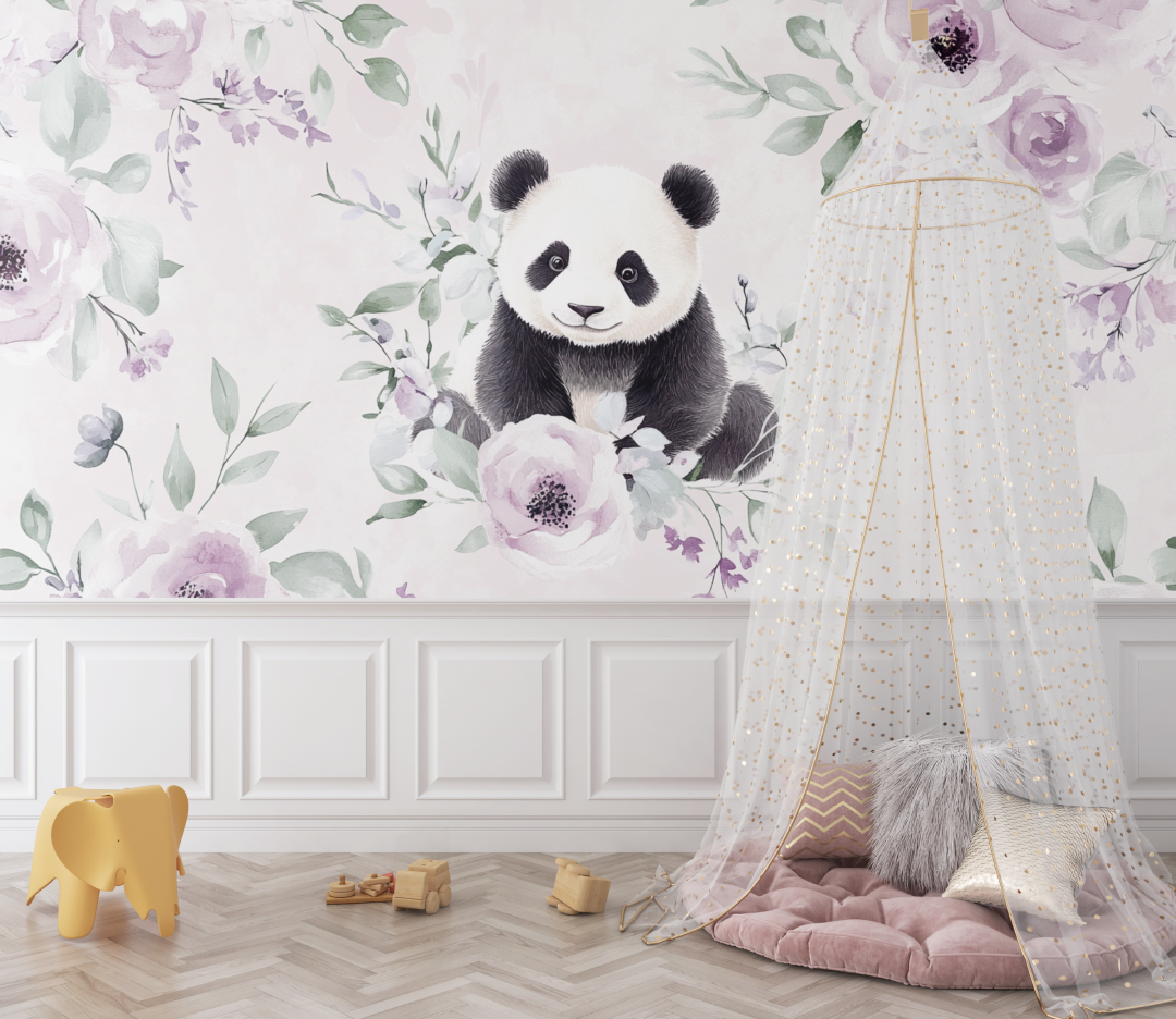 Panda and Delicate Flowers Wallpaper | Murals Wallpaper