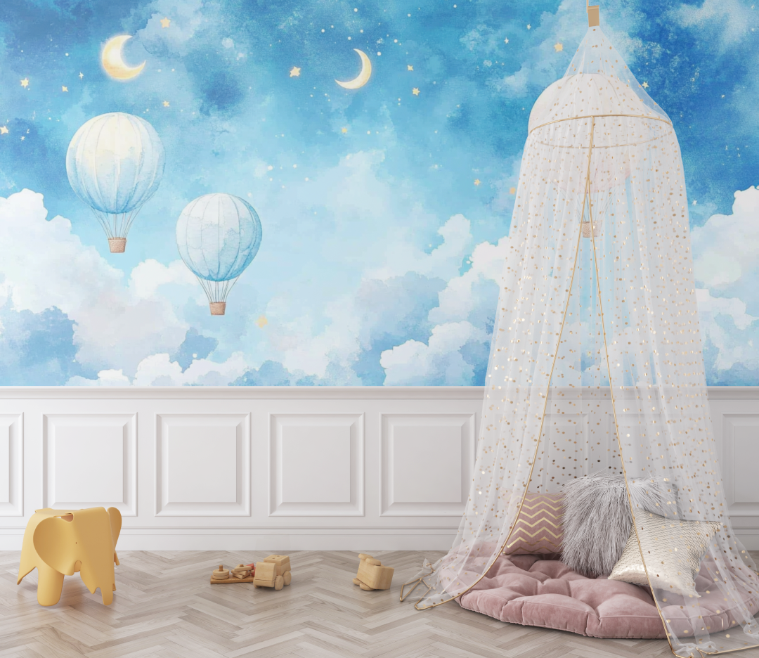 Hot Air Balloon and Night Sky Wallpaper with Moon | Murals Wallpaper