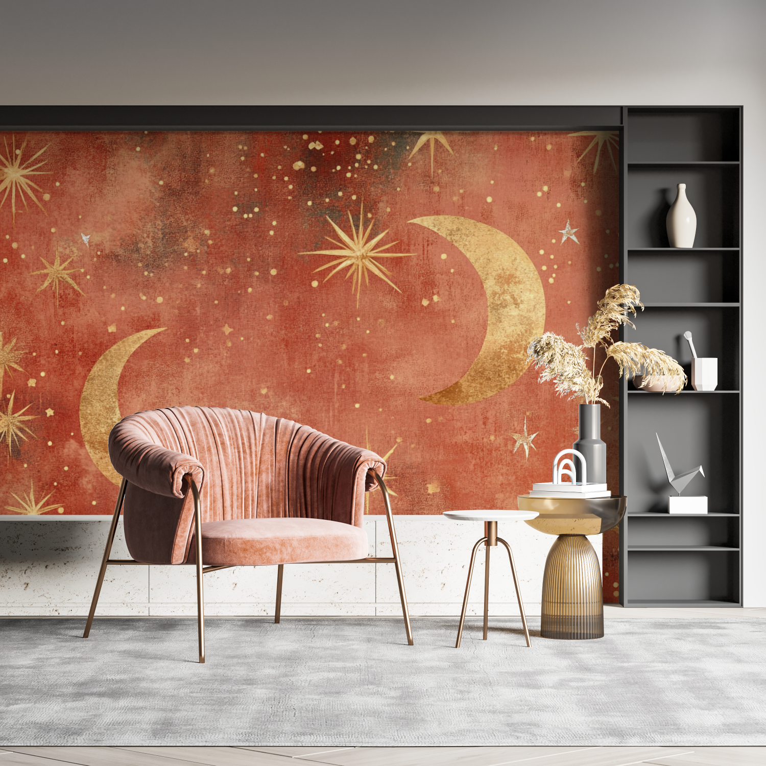 Terracotta Oriental Wallpaper with Moons and Stars | Murals Wallpaper
