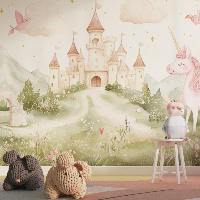 Unicorn Room Wallpaper with Castle and Rainbow Decor | Murals Wallpaper