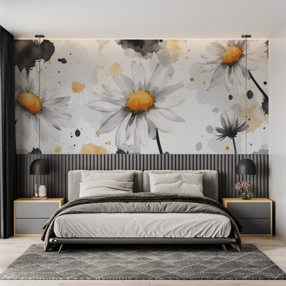 Watercolor Daisy Sketch Wallpaper | Murals Wallpaper
