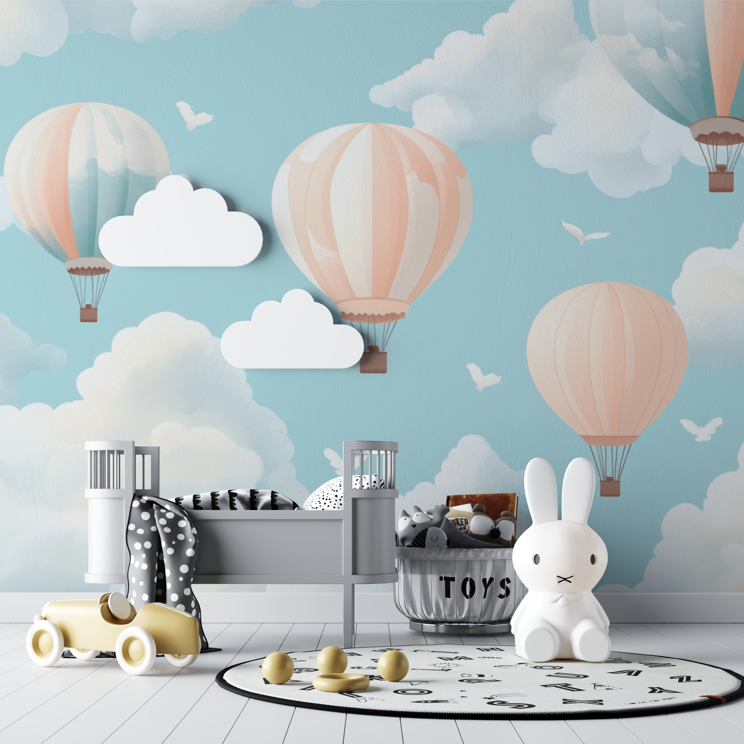 Hot Air Balloon and Butterfly-Shaped Clouds Wallpaper | Murals Wallpaper