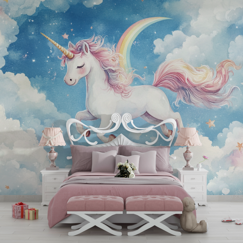 Unicorn Wallpaper Decoration for Boy's Room with Rainbow and Blue Sky | Murals Wallpaper