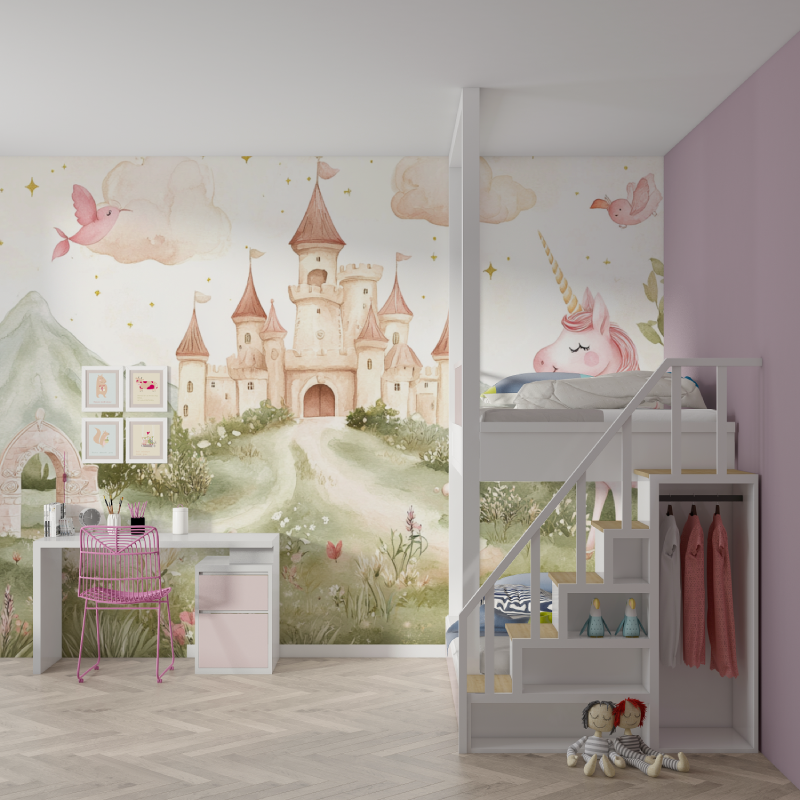 Unicorn Room Wallpaper with Castle and Rainbow Decor | Murals Wallpaper
