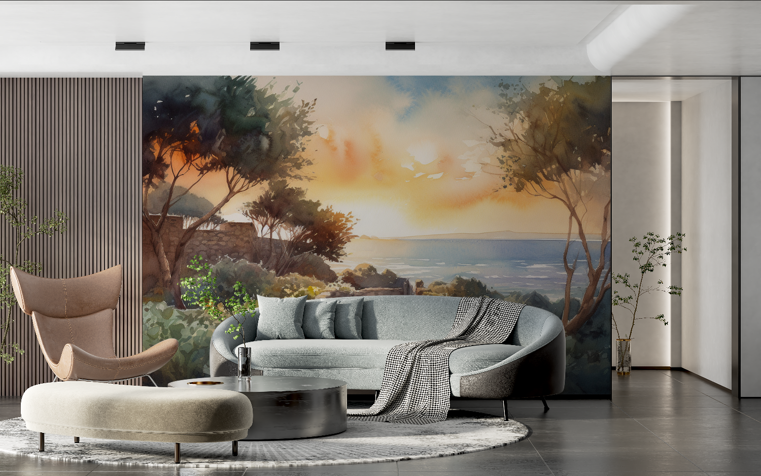 Watercolor Wallpaper Mediterranean Landscape Sunset | Murals Wallpaper