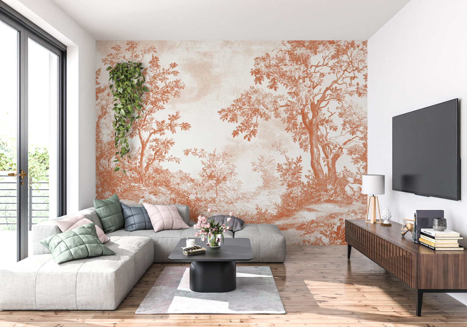 Terracotta Modern Toile de Jouy Wallpaper | Murals Wallpaper