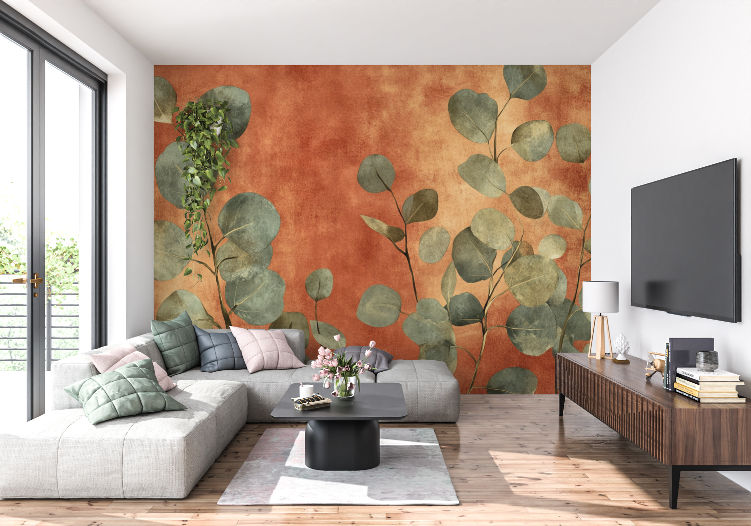 Terracotta and Eucalyptus Patterned Wallpaper | Murals Wallpaper