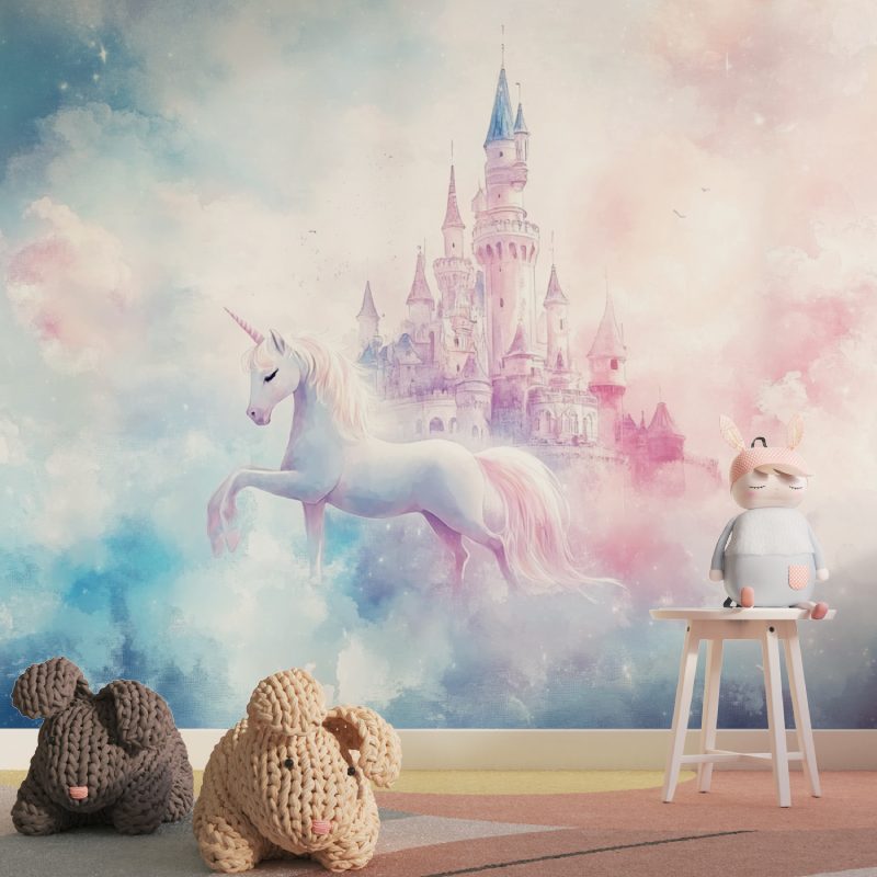 Unicorn Wallpaper for Room Decor with Clouds and Castle | Murals Wallpaper