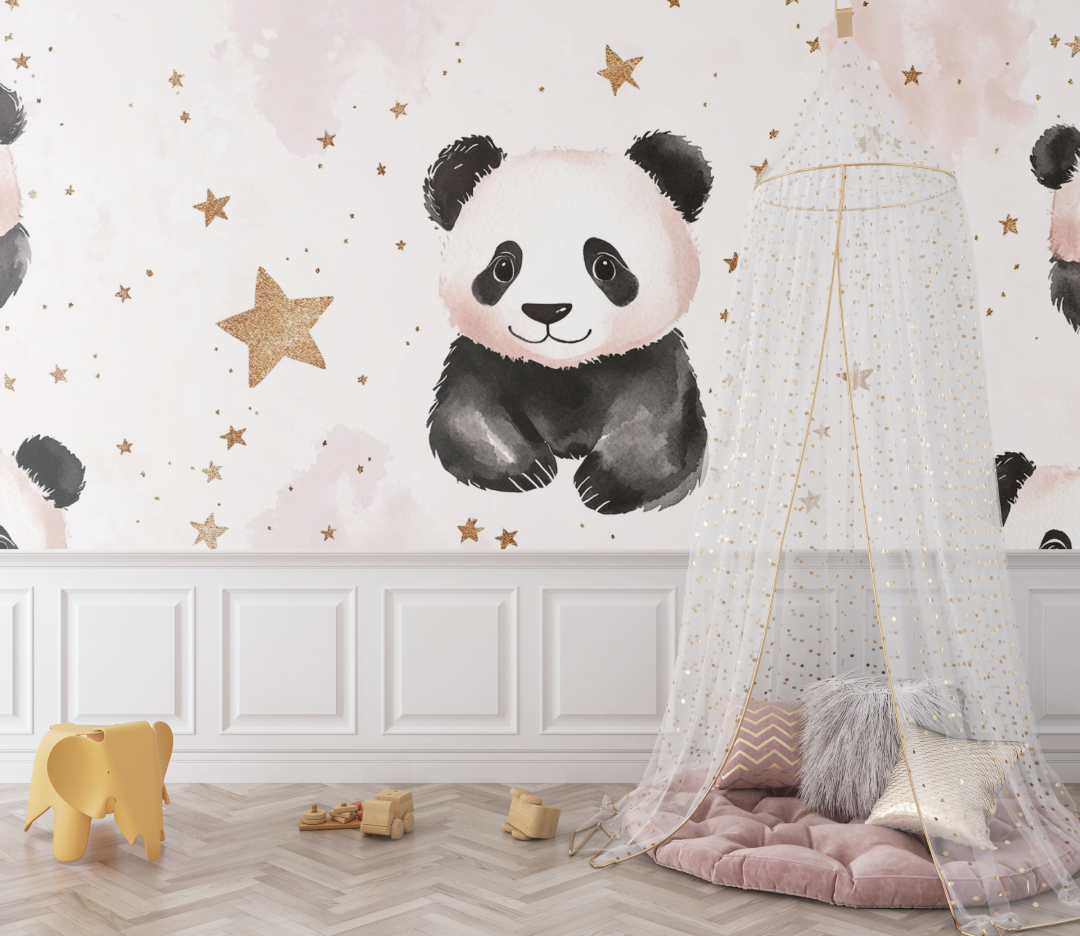 Panda and Golden Stars Wallpaper | Murals Wallpaper
