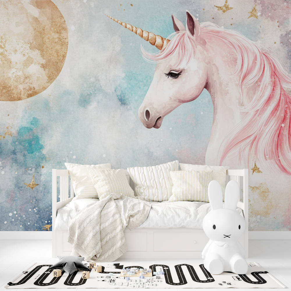 Unicorn Headboard Wallpaper with Large Moon and Banner | Murals Wallpaper