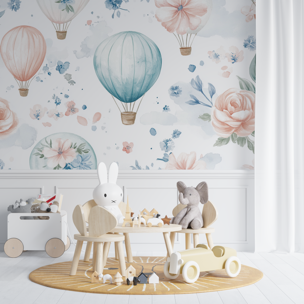 Hot Air Balloon and Delicate Flowers Wallpaper | Murals Wallpaper