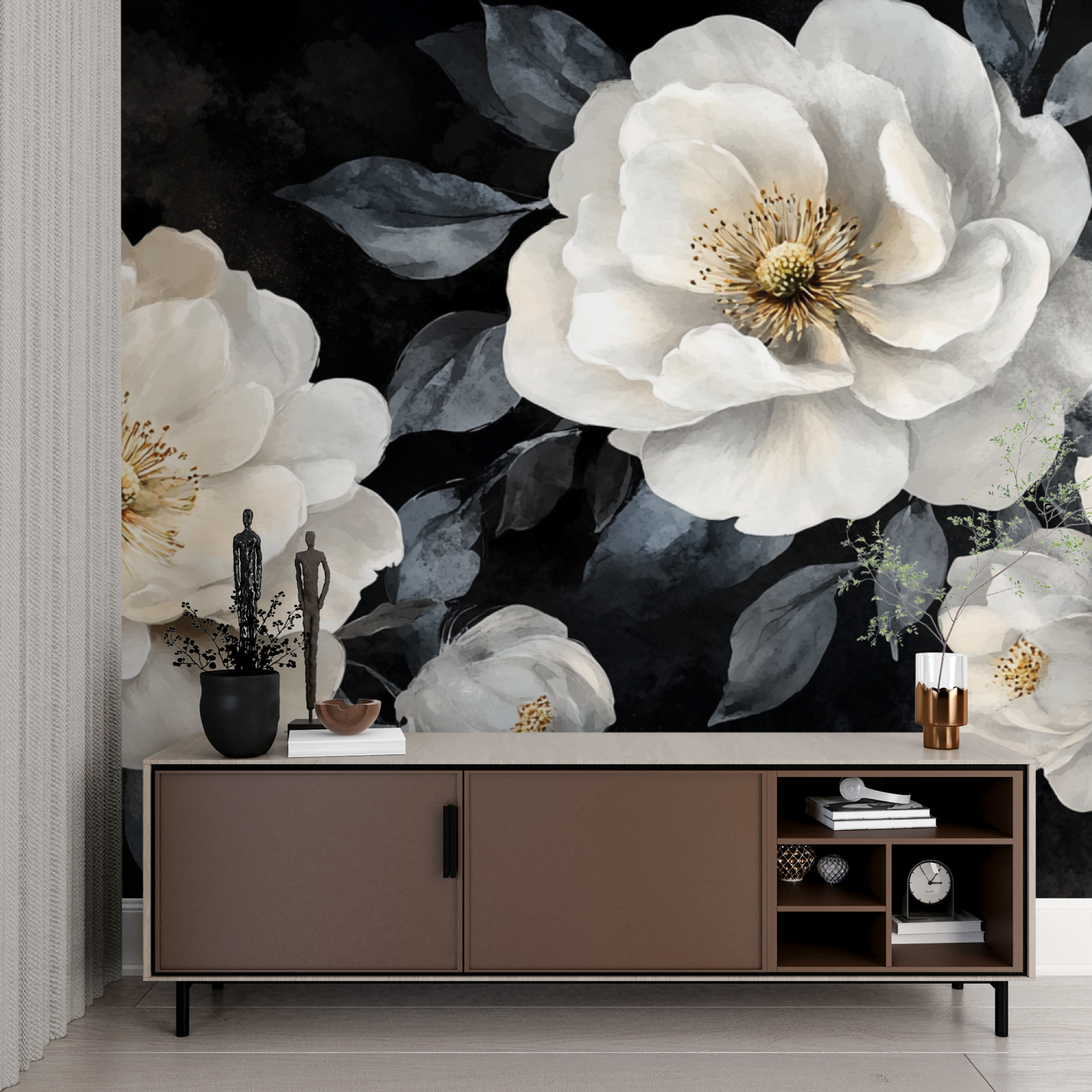 Watercolor White and Black Flower Wallpaper | Murals Wallpaper