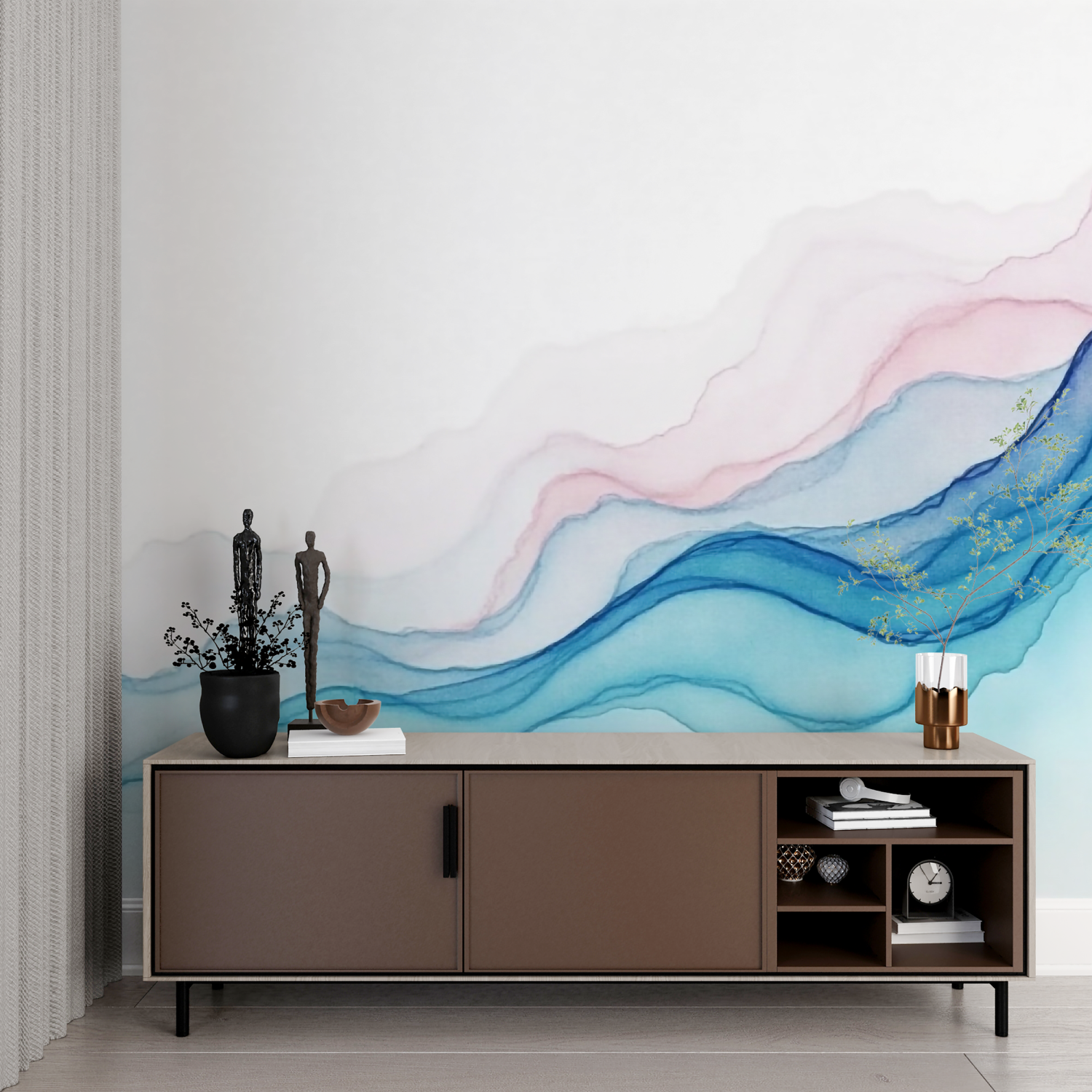 Watercolor Lines Blue Pink Wallpaper | Murals Wallpaper