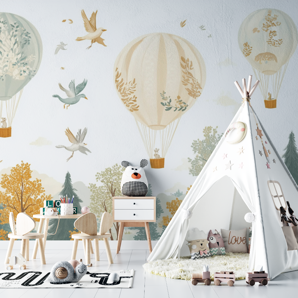 Hot Air Balloon and Forest Animals Wallpaper | Murals Wallpaper
