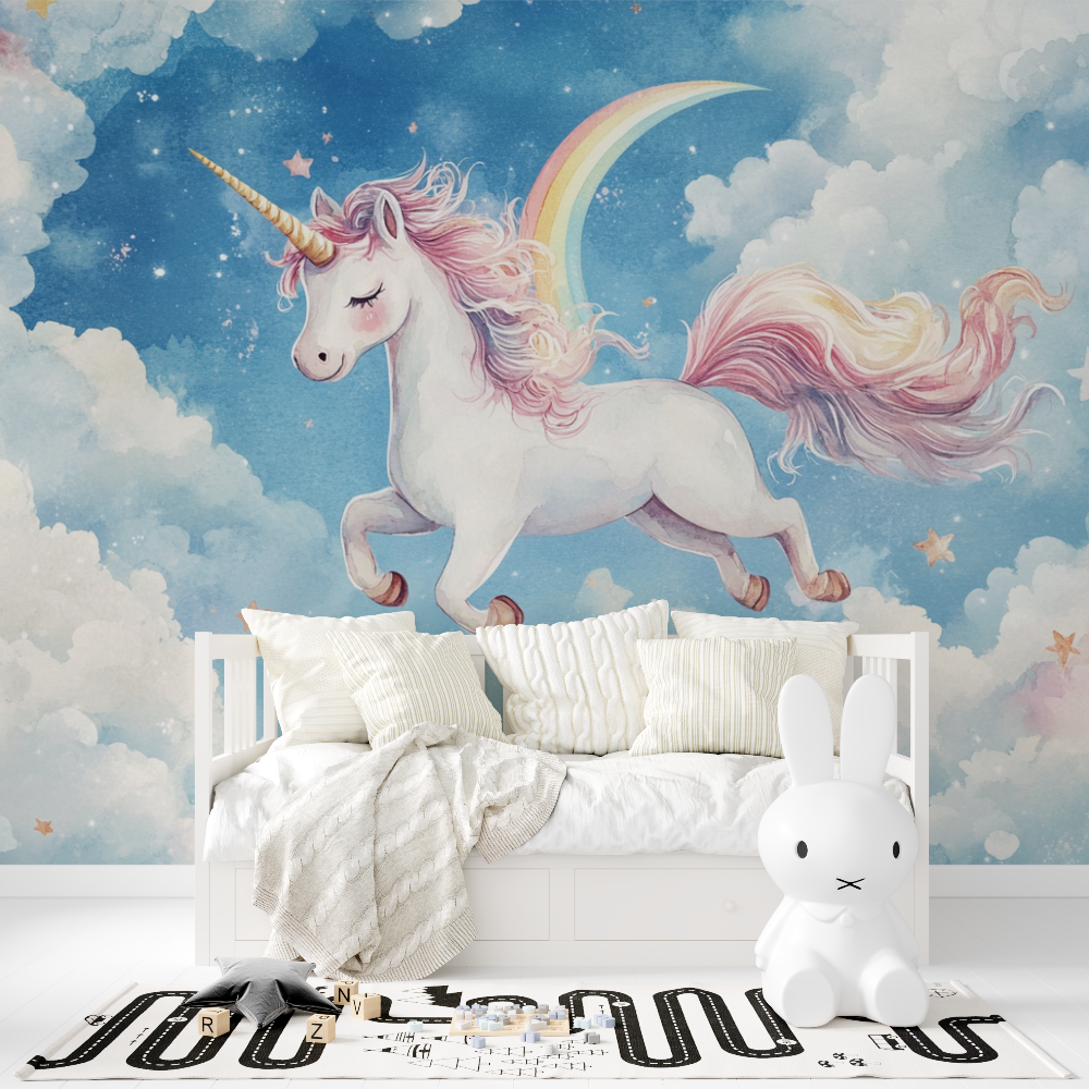 Unicorn Wallpaper Decoration for Boy's Room with Rainbow and Blue Sky | Murals Wallpaper
