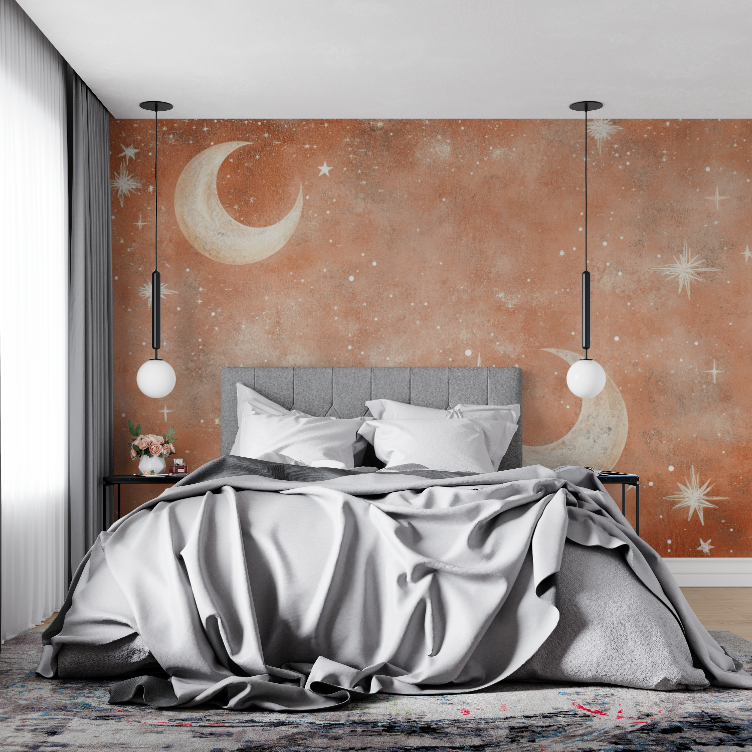 Terracotta Wallpaper with Moon and Star Patterns | Murals Wallpaper