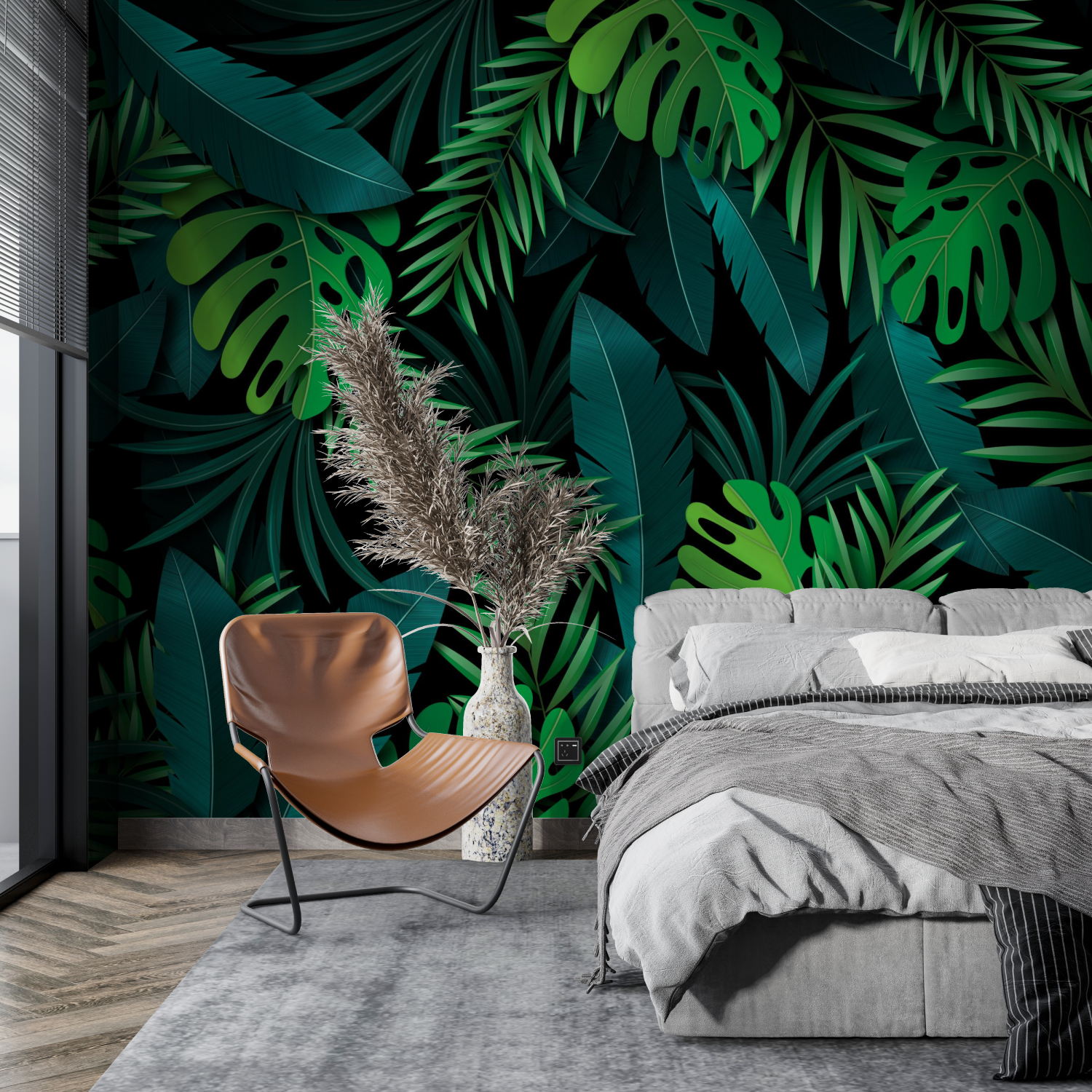 Papier Peint Jungle Noir Et Vert - mur cuisine