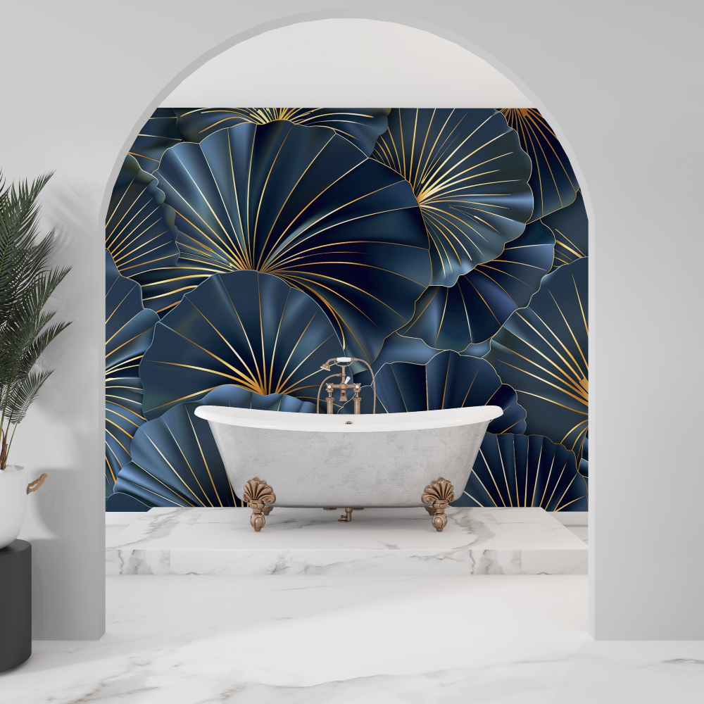 Papier peint salle de bain bleu design sdb