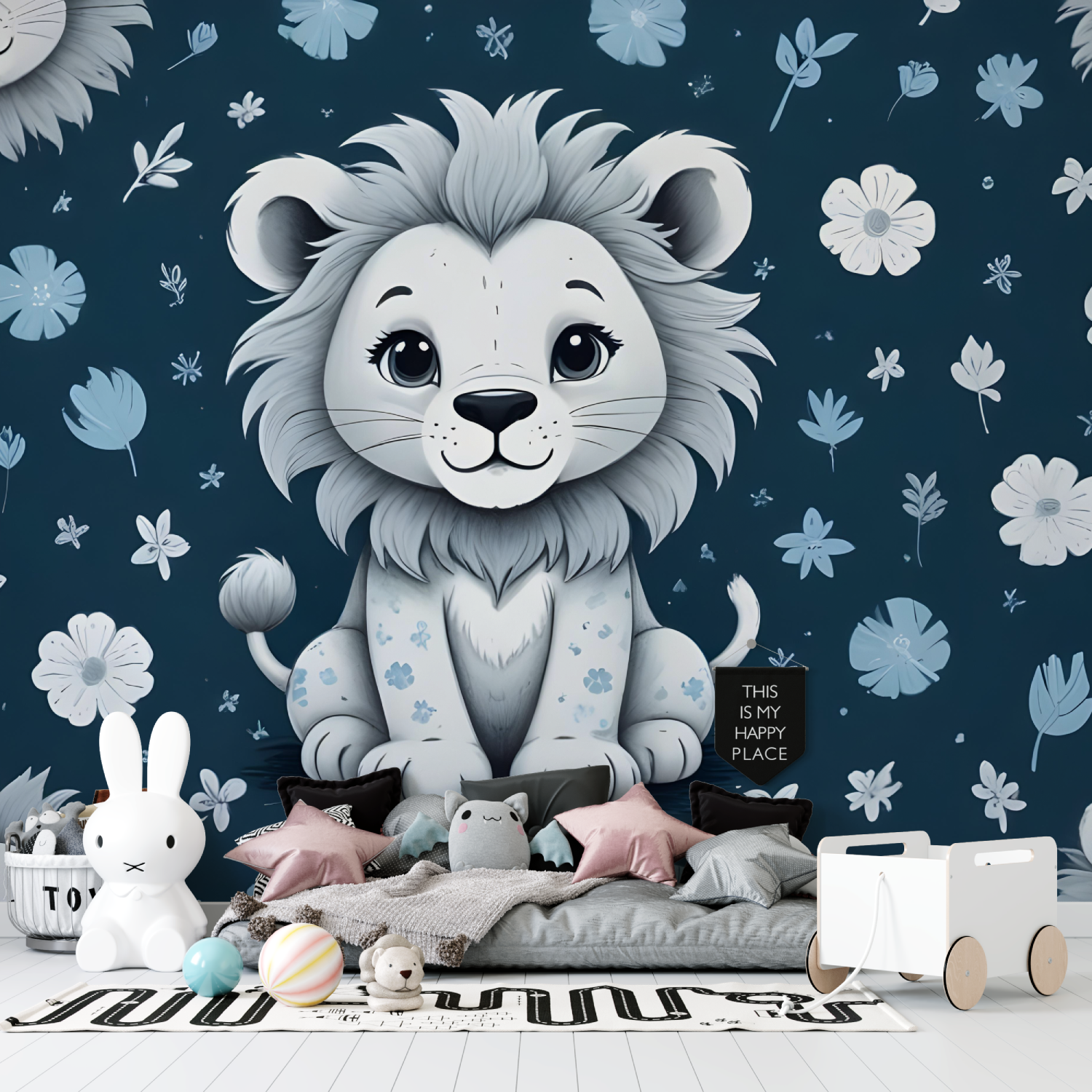 Papier Peint Enfant Lionceau Bleu - chambre de garçon