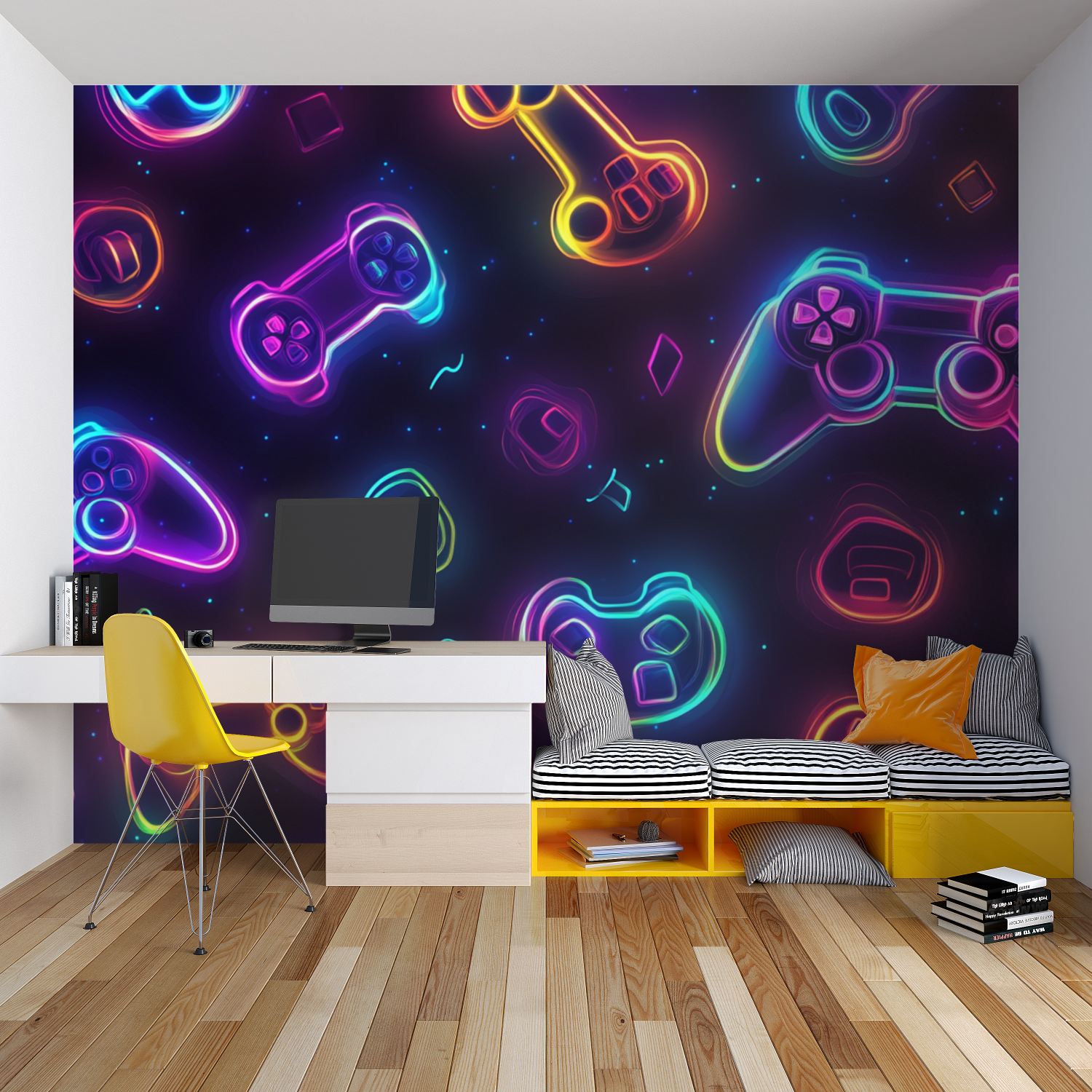 Papier peint neon gamer patroon chambre garcon lit