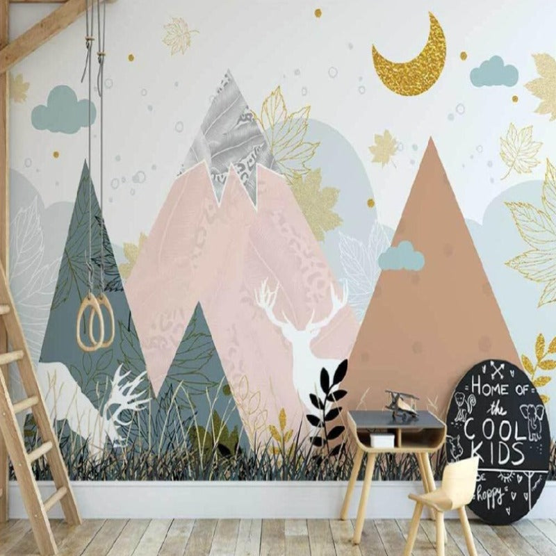 Papier Peint Fille Classique <br/> Cerf et Montagne Design