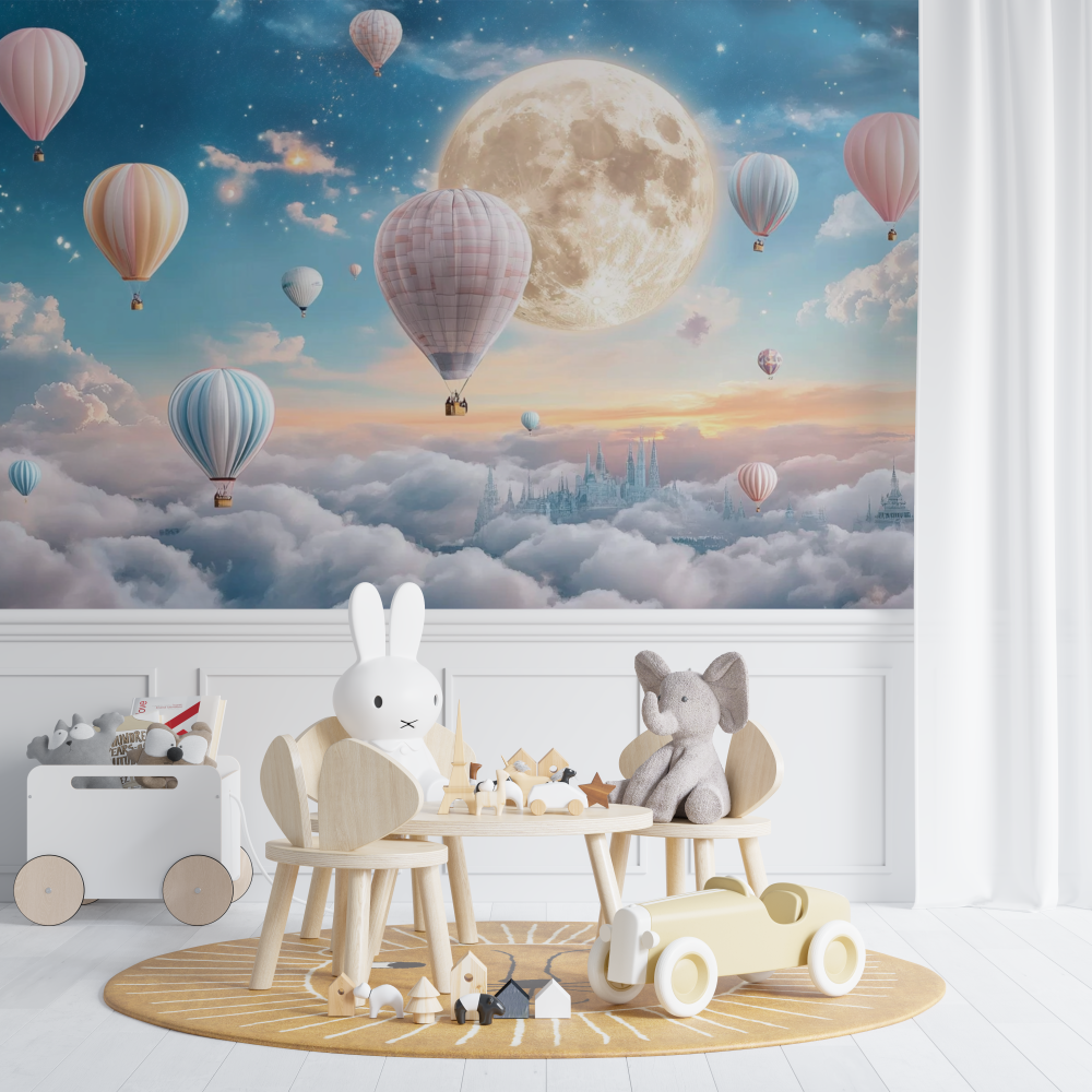 Hot Air Balloon and Luminous Moon Wallpaper | Murals Wallpaper
