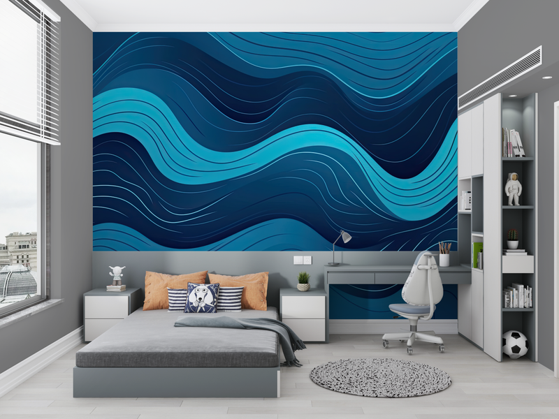 Papier Peint Ado Vagues Bleu Marine - chambre de garçon