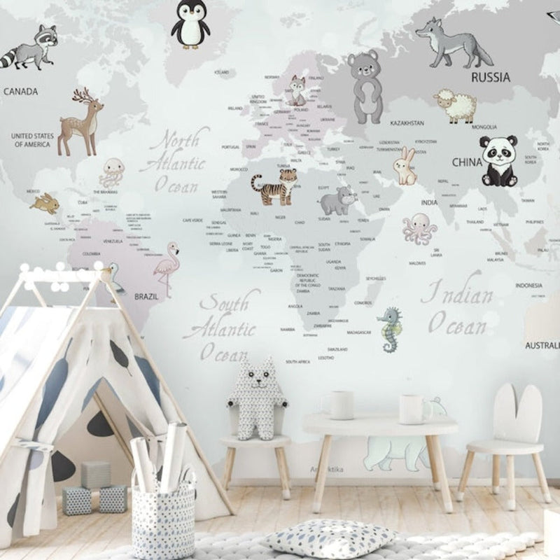 Papier Peint Carte du Monde <br/> Animaux des Bébés