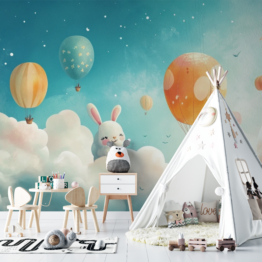 Hot Air Balloon and Animal-Shaped Clouds Wallpaper | Murals Wallpaper